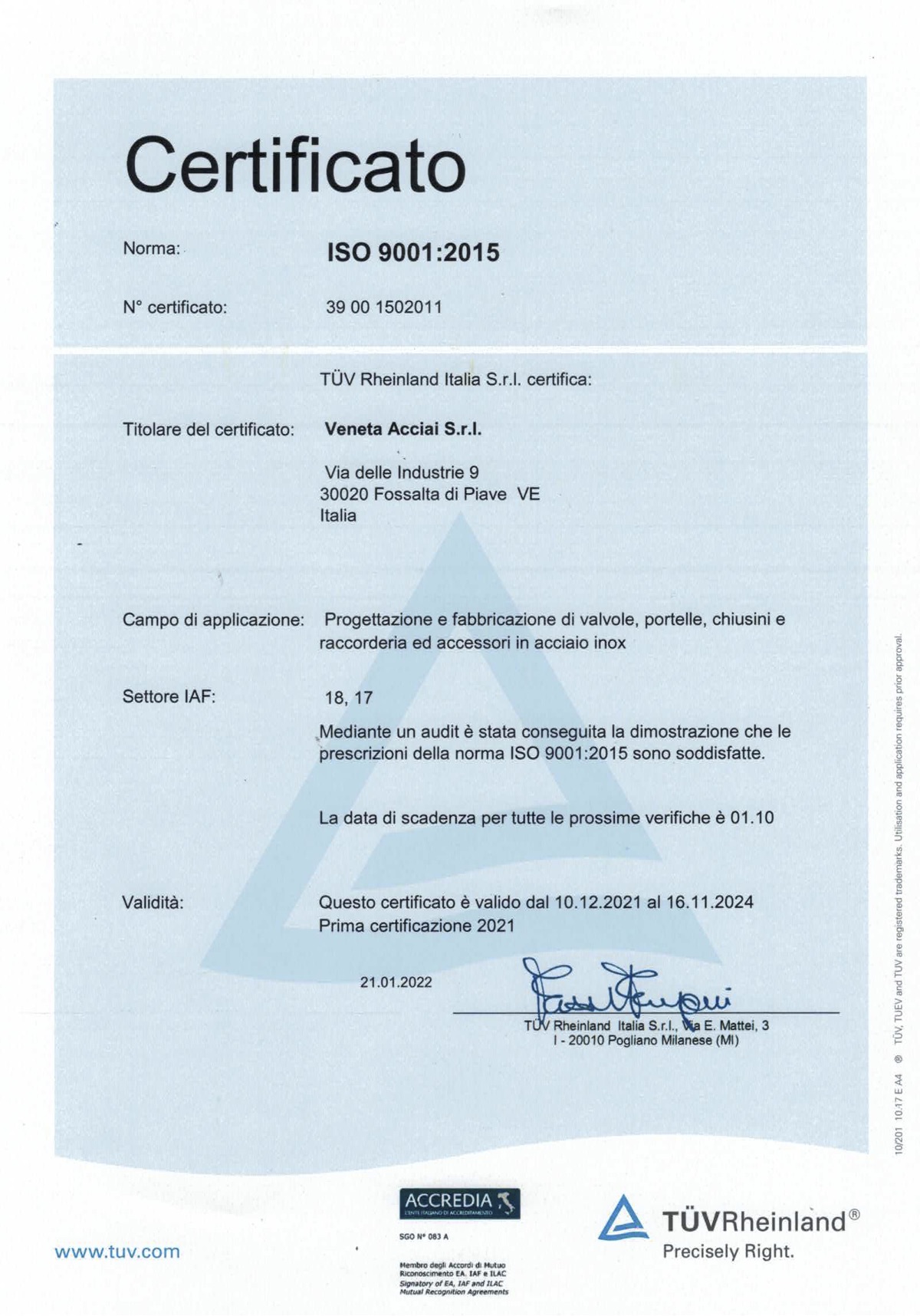 iso9001 veneta acciai